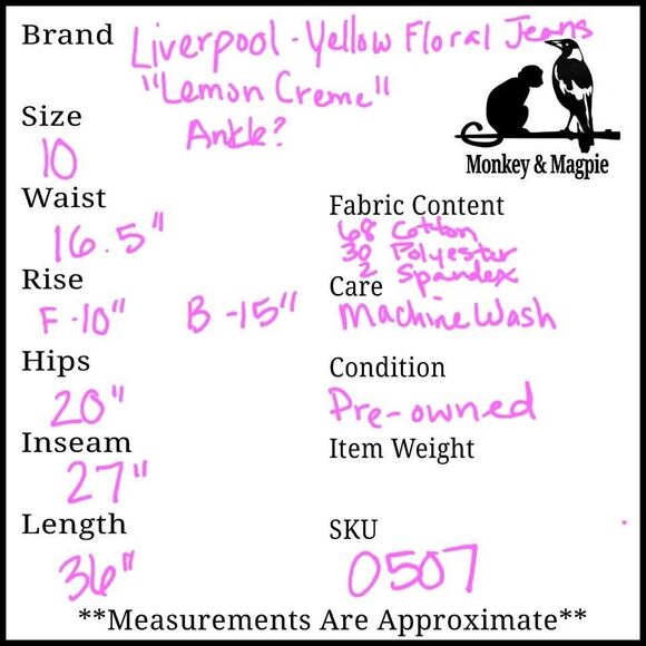 Liverpool Jeans Lemon Creme Yellow Floral Slim Fit Ankle Length Size 10 - Picture 8 of 10